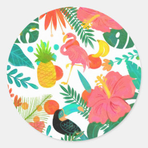 Adesivo Redondo Vibrações Tropicais Folhas Florais Festa de Luau d