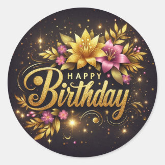 Adesivo Redondo Vibrant black floral birthday sticker 