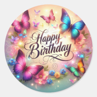 Adesivo Redondo Vibrant butterfly birthday sticker 