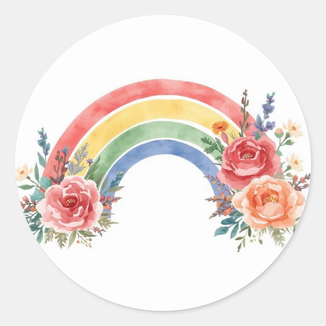 Adesivo Redondo Vibrant Floral Rainbow Watercolor Birthday Sticker (Frente)