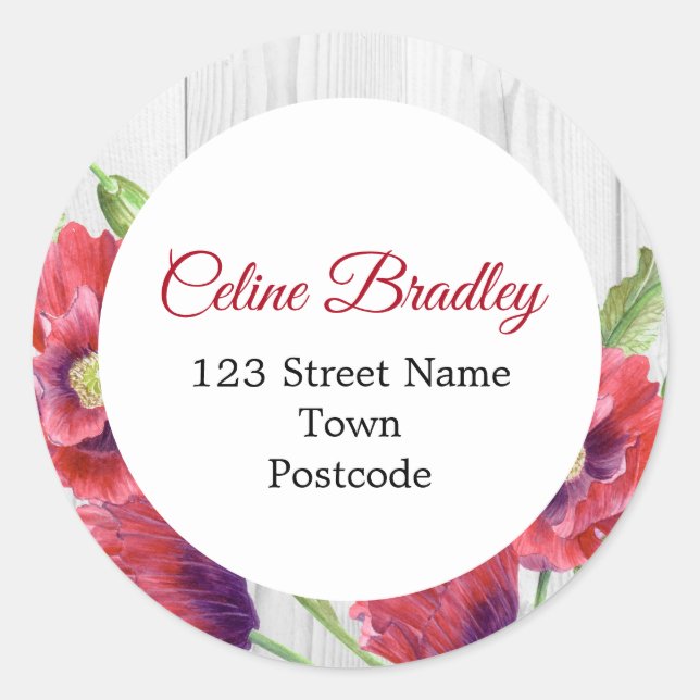 Adesivo Redondo Vibrant Watercolor Red Poppies Endereço Russo (Frente)