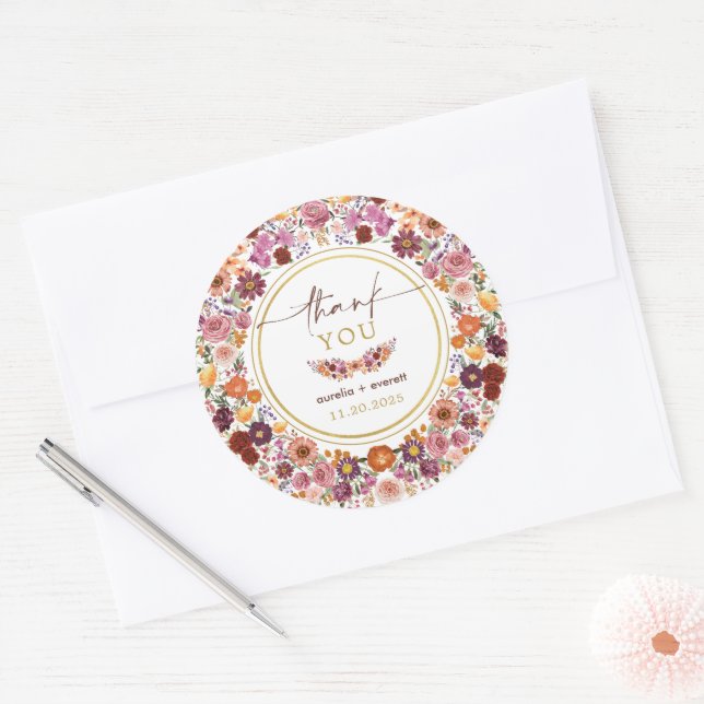 Adesivo Redondo Vibrant Wildflower Meadow Wedding Obrigado (Envelope)