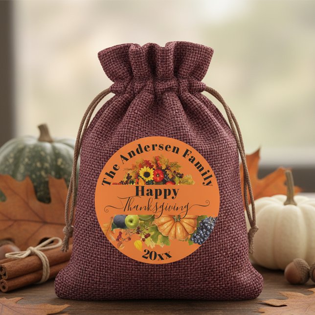 Adesivo Redondo Vibrante Cornucópia de Ação de Graças Familiar Lar (Criador carregado)