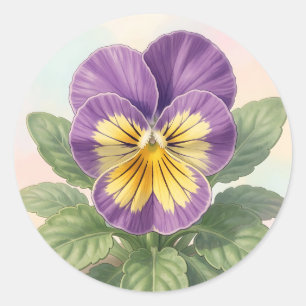 Adesivo Redondo Vibrante Flor de Pansy Roxo Amarelo Botânico