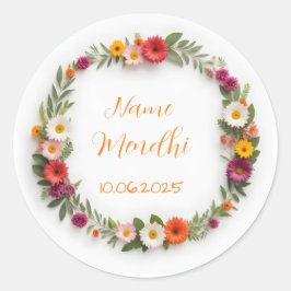 Adesivo Redondo Vibrante floral, vinhetas de favores