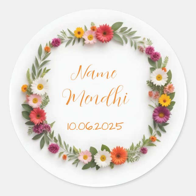 Adesivo Redondo Vibrante floral, vinhetas de favores (Frente)