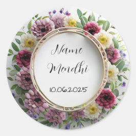 Adesivo Redondo Vibrante floral, vinhetas de favores