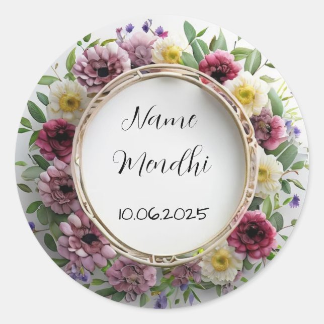 Adesivo Redondo Vibrante floral, vinhetas de favores (Frente)