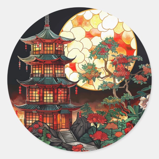 Adesivo Redondo Vibrante Pagoda Arte de Vidro Estendida (Frente)