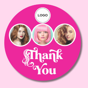 Adesivo Redondo Vibrante Rosa 3 Foto Logotipo de Cabelereiro Obrig