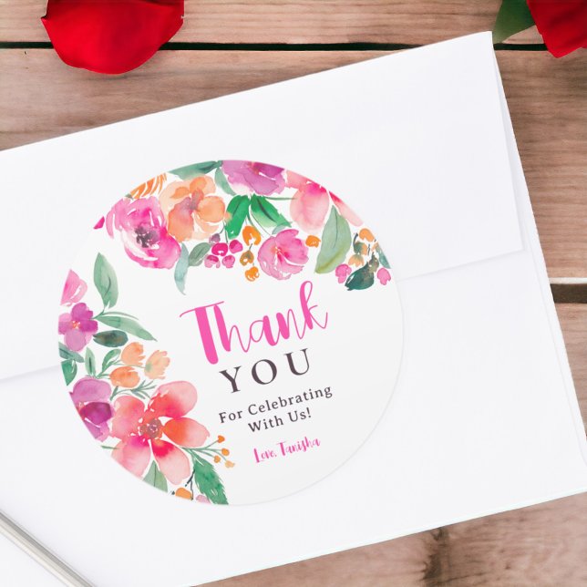 Adesivo Redondo Vibrante rosa quente outono floral obrigada chá de (Bright hot pink fall floral thanks bridal shower classic round sticker)