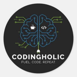 Adesivo Redondo Viciado em Código Cérebro Tech Programador Escuro