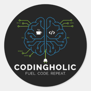 Adesivo Redondo Viciado em Código Cérebro Tech Programador Escuro