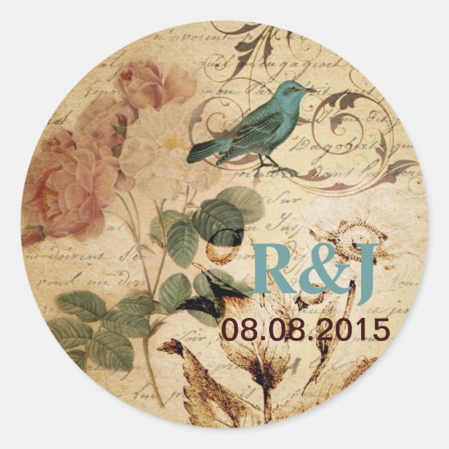 Adesivo Redondo Victorian Rosa Paris Scripts french bird botanic (Frente)