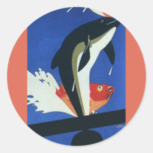 Adesivo Redondo Vida marinha antiga, golfinho e peixe dourado