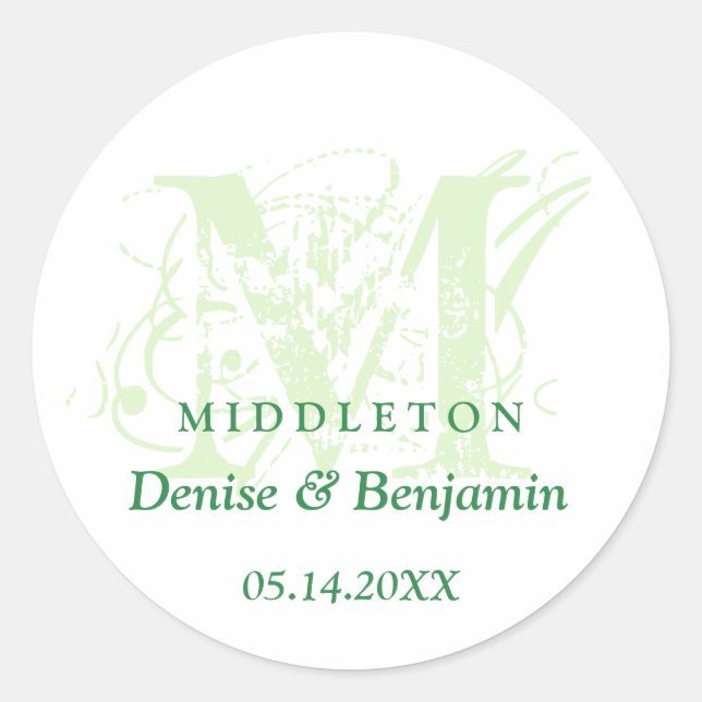 Adesivo Redondo Videário de casamento antigo do monograma verde (Frente)