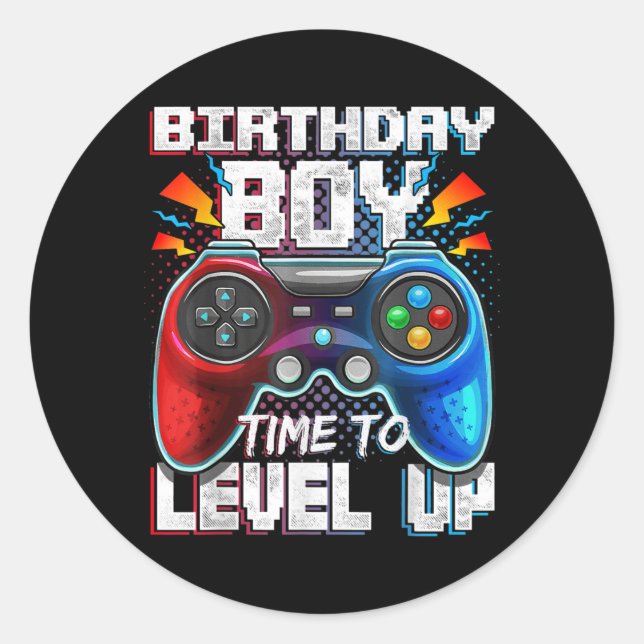 Adesivo Redondo Video Game Birthday Boy Time Gamer Level Up (Frente)