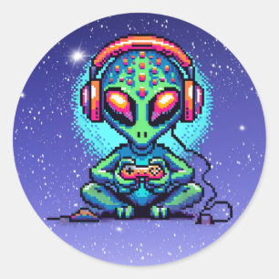 Adesivo Redondo Videos games de reprodução da Alienígena Pixel Art