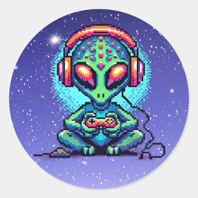 Adesivo Redondo Videos games de reprodução da Alienígena Pixel Art (Frente)