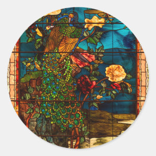 Adesivo Redondo Vidro Colorido Antigo com Pavões e Flores