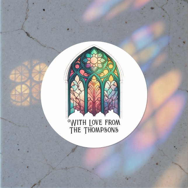 Adesivo Redondo Vidro Colorido Natal Feriado Personalizado (Stained Glass Christmas Holiday Personalized Classic Round Sticker)