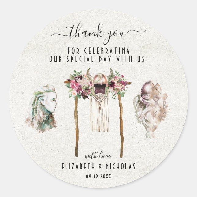Adesivo Redondo Viking de Aquarela Elegante | Favor de Casamento (Frente)