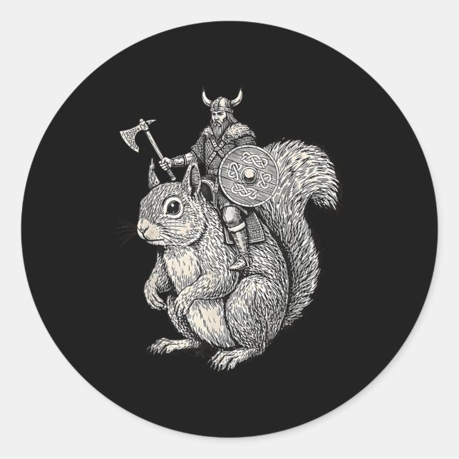 Adesivo Redondo Viking Riding Squirrel Funny Warrior Art  (Frente)