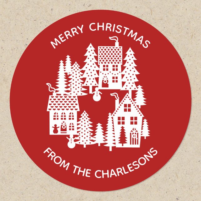 Adesivo Redondo Village Red and White (Red and white festive Christmas Village papercut scene personalized sticker)