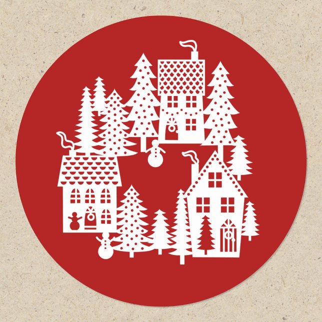 Adesivo Redondo Village Red and White (Red and white festive Christmas Village stickers)