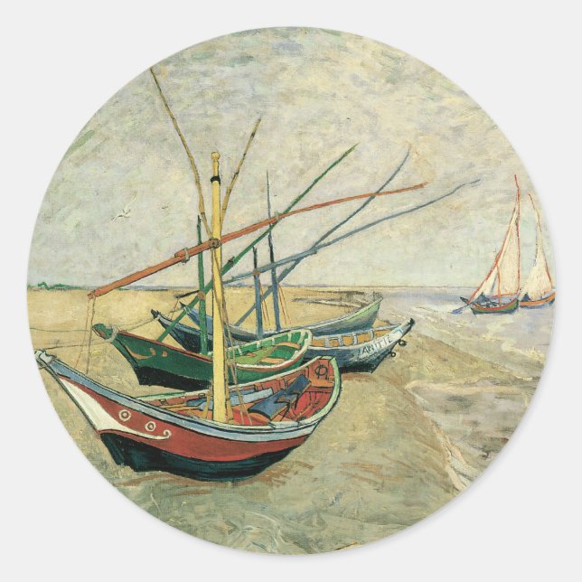 Adesivo Redondo Vincent van Gogh - Barcos de Pesca na Praia (Frente)
