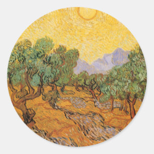 Adesivo Redondo Vincent van Gogh - Oliveiras, céu amarelo e sol