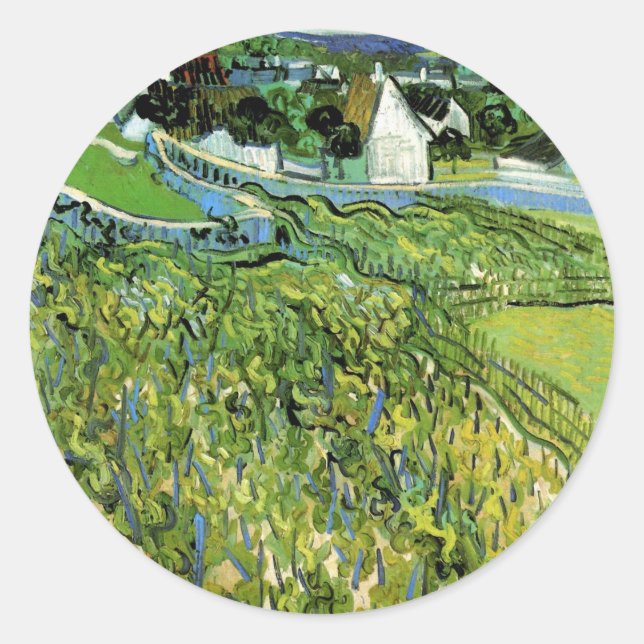 Adesivo Redondo Vinhas com Vista de Auvers por Vincent van Gogh (Frente)