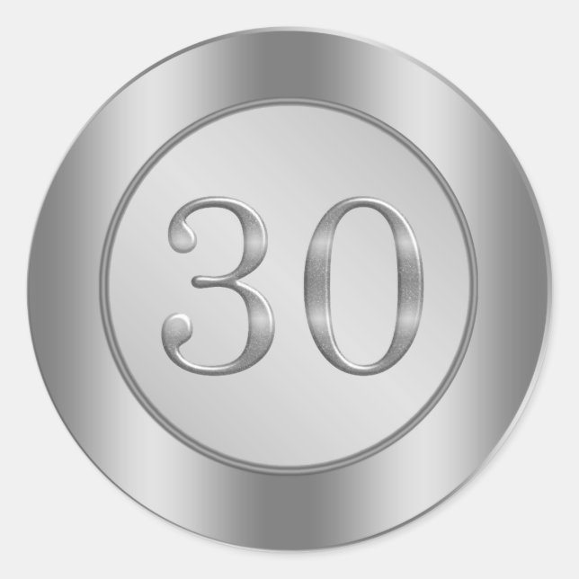 Adesivo Redondo Vinheta 30 de Aniversário de Efeito de Prata (Frente)