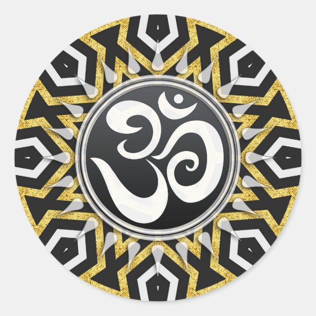 Adesivo Redondo Vinheta Aztec Dourado Sun Preto+Branco Om Tribal (Frente)