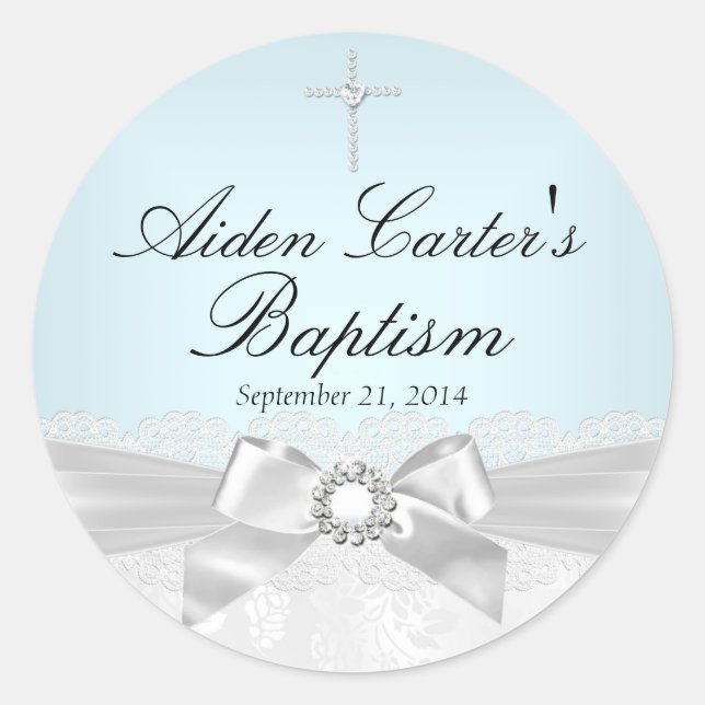 Adesivo Redondo Vinheta Azul Branco Lace & Cross Baptism (Frente)