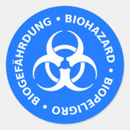 Adesivo Redondo Vinheta Azul Brilhante de Advertência de Risco Bio