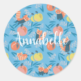 Adesivo Redondo Vinheta Azul de Maçã "Panda Vermelha" Personalizad