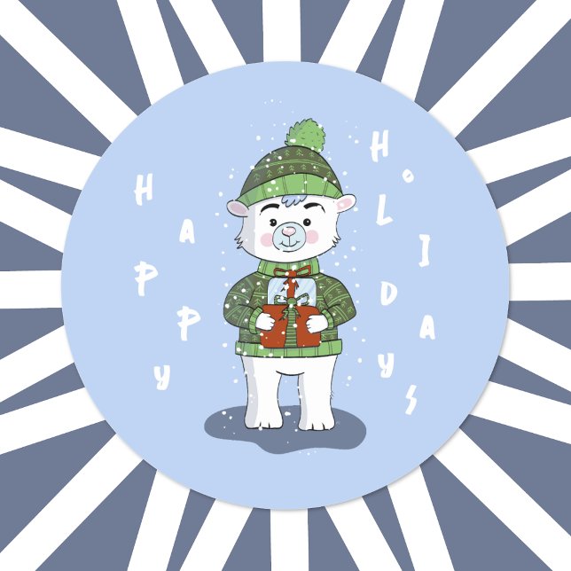 Adesivo Redondo Vinheta Azul de Urso Polar Feliz (Cute Polar bear Happy Holidays round blue sticker .
)