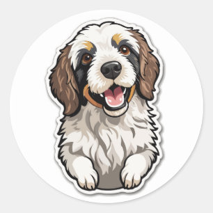 Adesivo Redondo Vinheta Bernedoodle Cheerful: Cachorro de Raça Mis