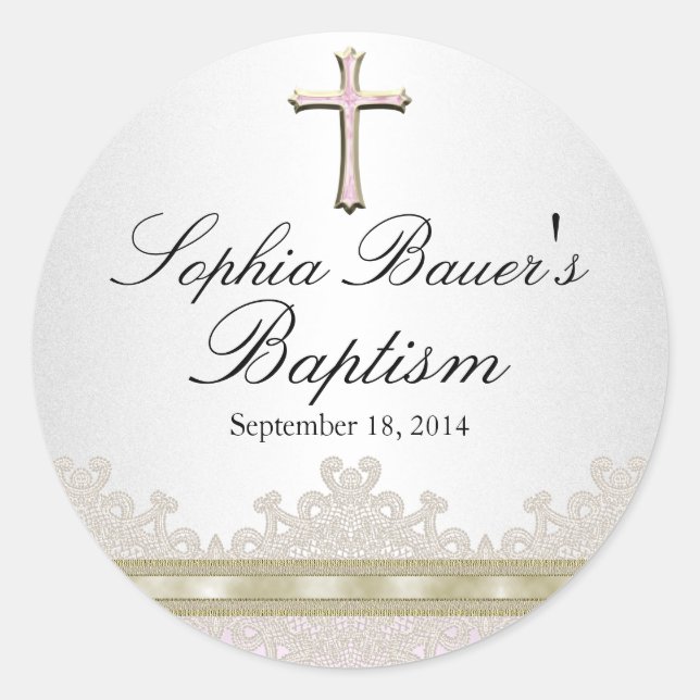 Adesivo Redondo Vinheta bonito de Lace e Batismo Cruzado (Frente)