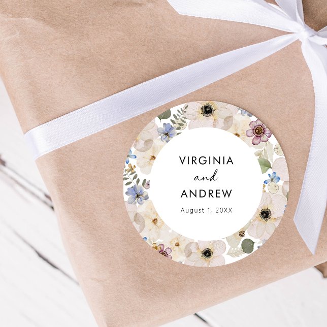 Adesivo Redondo Vinheta Botânica Moderna (Elegant Modern Floral Botanical Watercolor Wedding Sticker by Painted Paperie
)