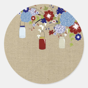 Adesivo Redondo Vinheta Burlap Red e Blue Mason Jar Faux