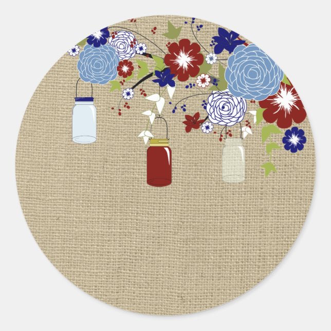 Adesivo Redondo Vinheta Burlap Red e Blue Mason Jar Faux (Frente)