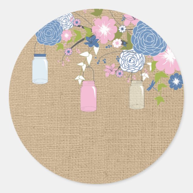 Adesivo Redondo Vinheta Burlap, Rosa e Azul, Jar Faux (Frente)