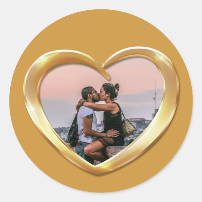 Adesivo Redondo Vinheta cardíaca de aniversário de ouro fotográfic (Frente)