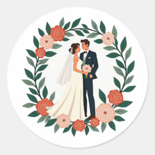 Adesivo Redondo Vinheta Casal de Casamento Elegante