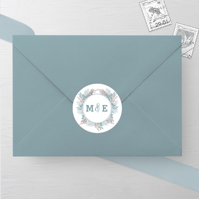 Adesivo Redondo Vinheta-Casamento no inverno dos Ferns Snowfall (Criador carregado)