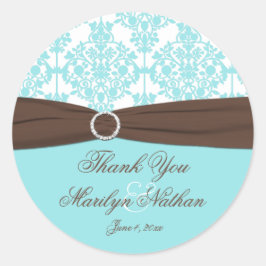 Adesivo Redondo Vinheta Casamento tema damasco Branco Azul Aqua