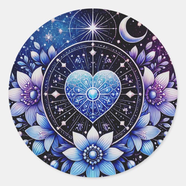 Adesivo Redondo Vinheta Celestial com Flores Místicas (Frente)