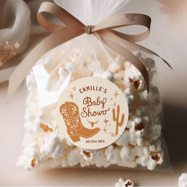 Adesivo Redondo Vinheta Chá de fraldas de caubói (Cowboy Baby Shower Round Favor Stickers)